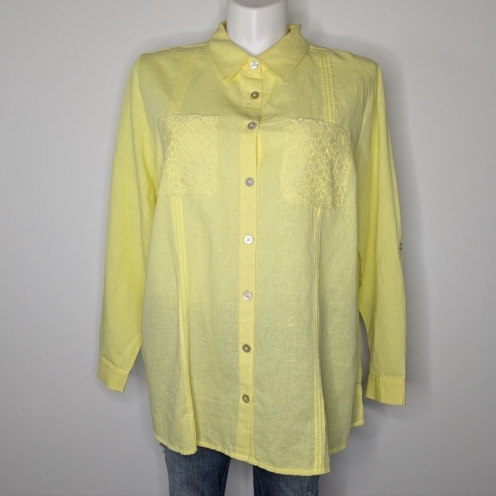 Soft Surroundings Yellow Lace Accent Long Sleeve Button Up 1X